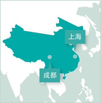 上海及成都義工項目據點 中國地圖顯示義工項目設立在上海和成都